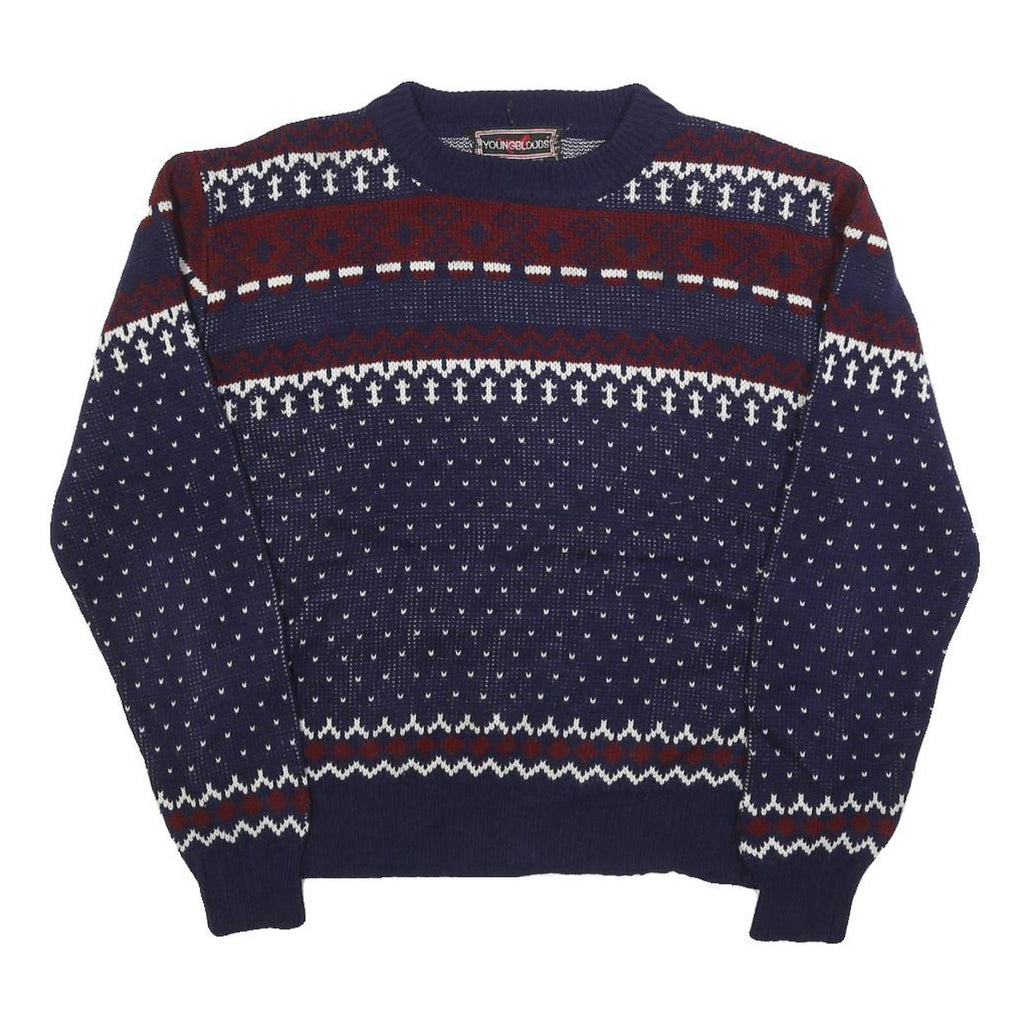 YOUNGBLOODS Womens Navy & Burgundy Patterned Jumper Crew Neck Basic Knit M