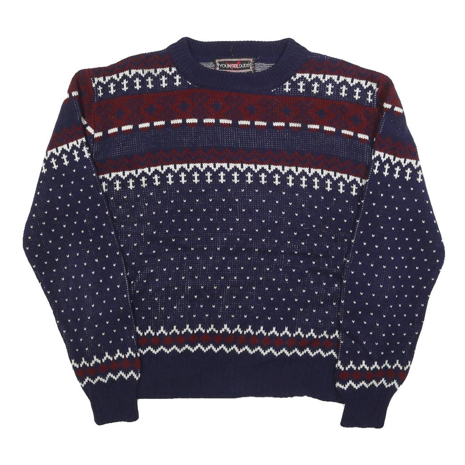 YOUNGBLOODS Womens Navy & Burgundy Patterned Jumper Crew Neck Basic Knit M