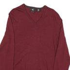 CALVIN KLEIN Mens Maroon Plain Wool V-Neck Basic Knit Jumper L Classic Knitwear