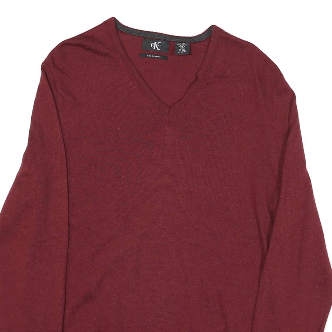 CALVIN KLEIN Mens Maroon Plain Wool V-Neck Basic Knit Jumper L Classic Knitwear