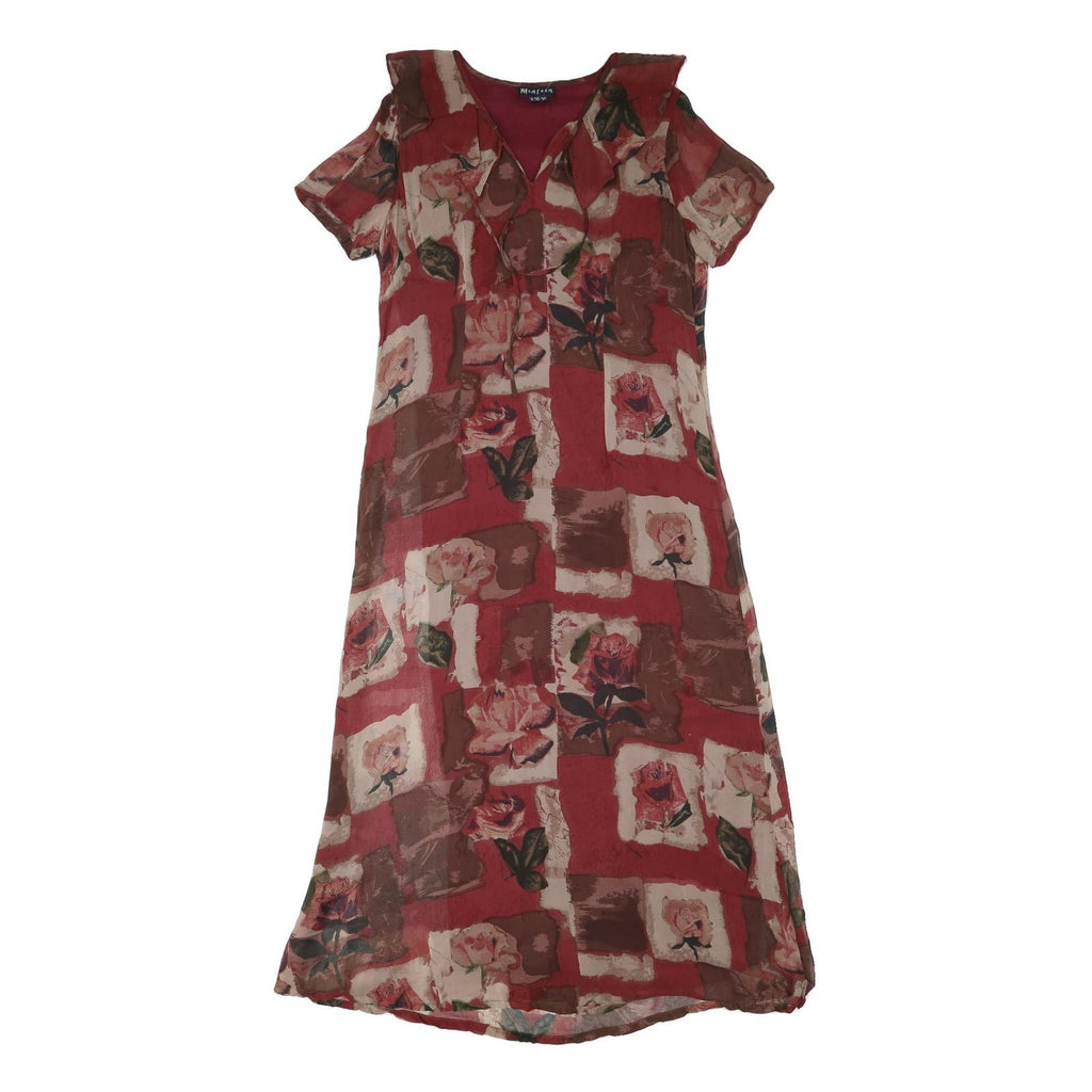 MONSOON Womens Red Brown Floral Day Polyester Blend Dress UK 14 Ruffle Neck