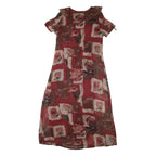 MONSOON Womens Red Brown Floral Day Polyester Blend Dress UK 14 Ruffle Neck