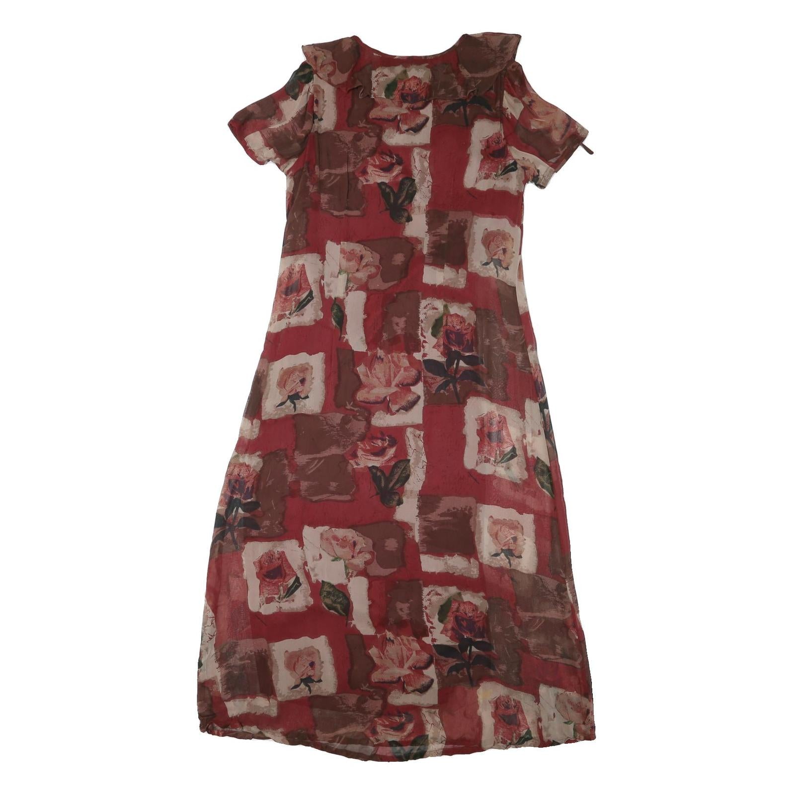 MONSOON Womens Red Brown Floral Day Polyester Blend Dress UK 14 Ruffle Neck