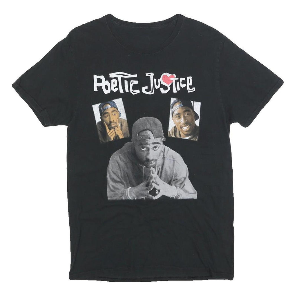 POETIC JUSTICE Mens Black Graphic T-Shirt S Short Sleeve Crew Neck Tupac Print