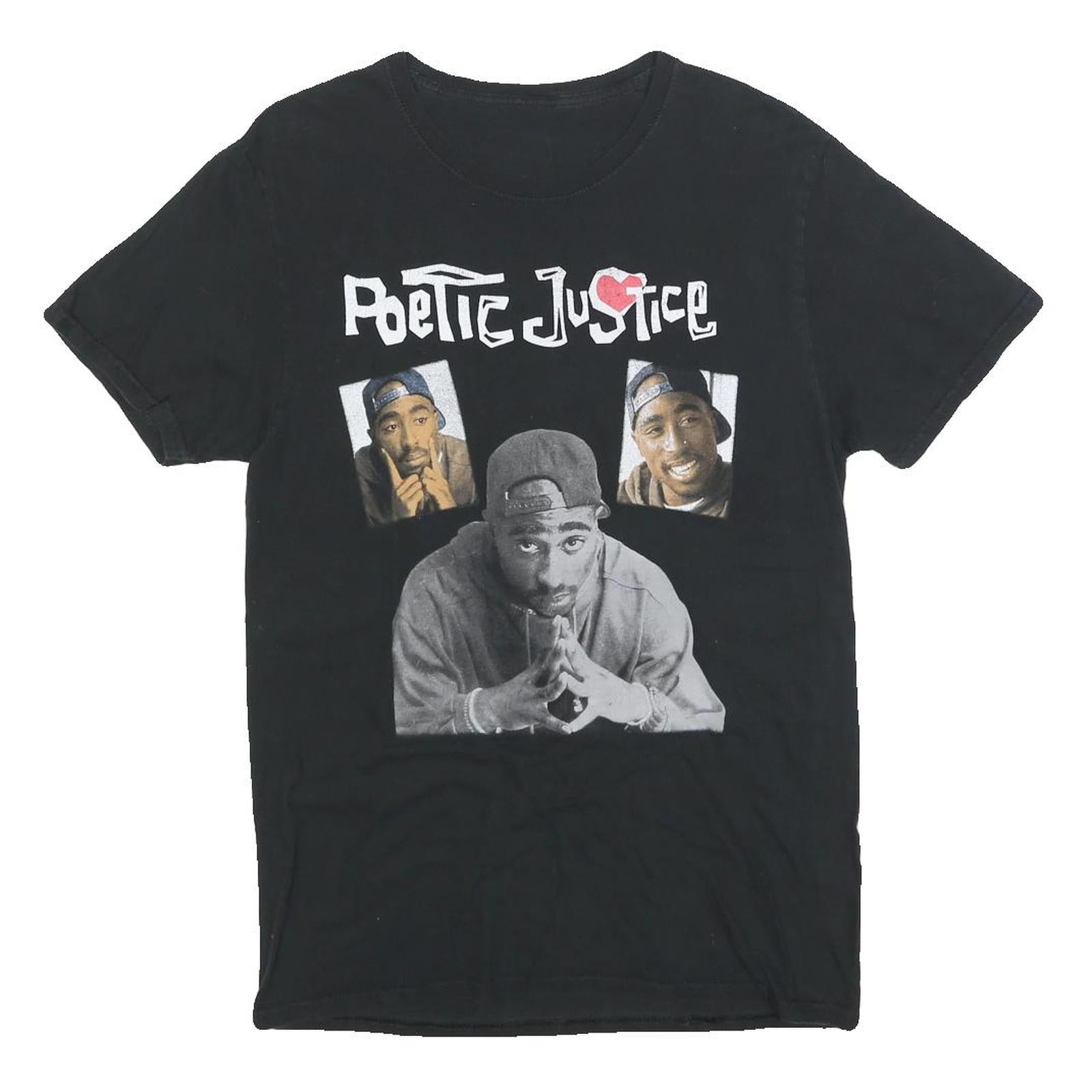 POETIC JUSTICE Mens Black Graphic T-Shirt S Short Sleeve Crew Neck Tupac Print
