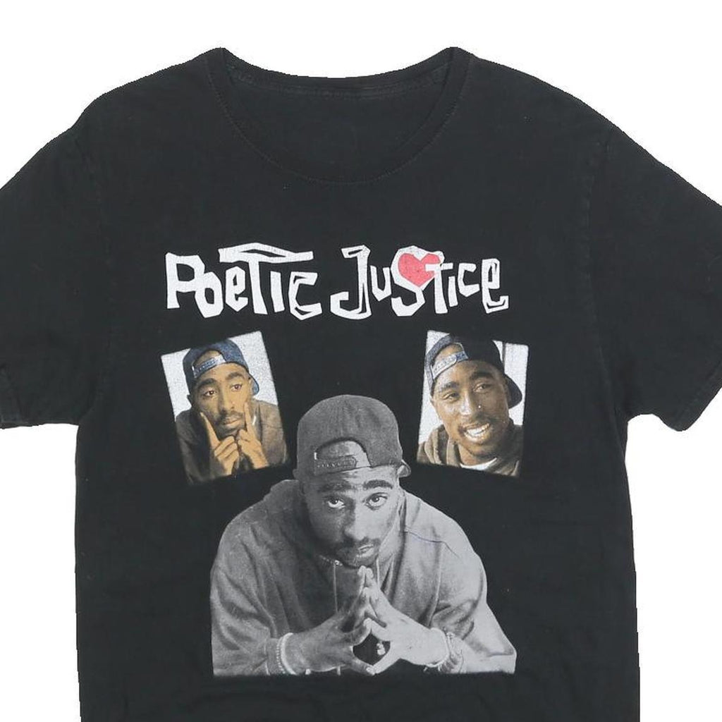 POETIC JUSTICE Mens Black Graphic T-Shirt S Short Sleeve Crew Neck Tupac Print