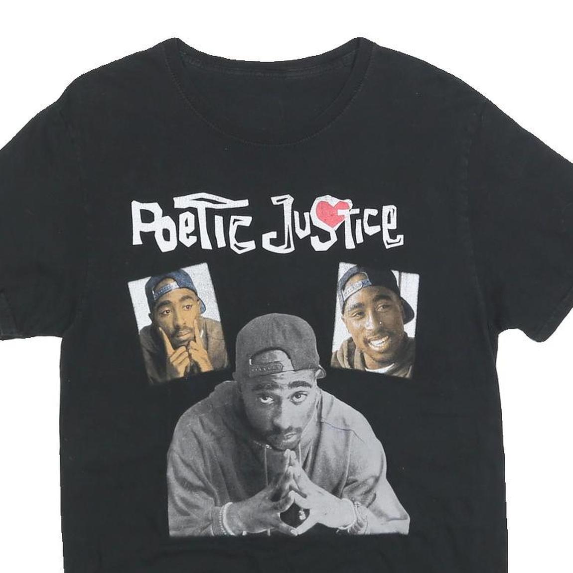 POETIC JUSTICE Mens Black Graphic T-Shirt S Short Sleeve Crew Neck Tupac Print