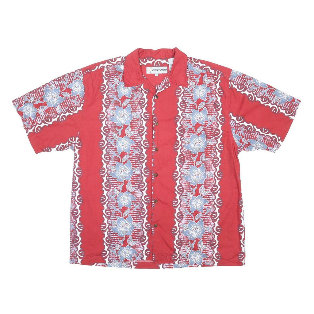 POINT ZERO Mens Red Hawaiian Shirt L Cotton Floral Pattern Casual Summer