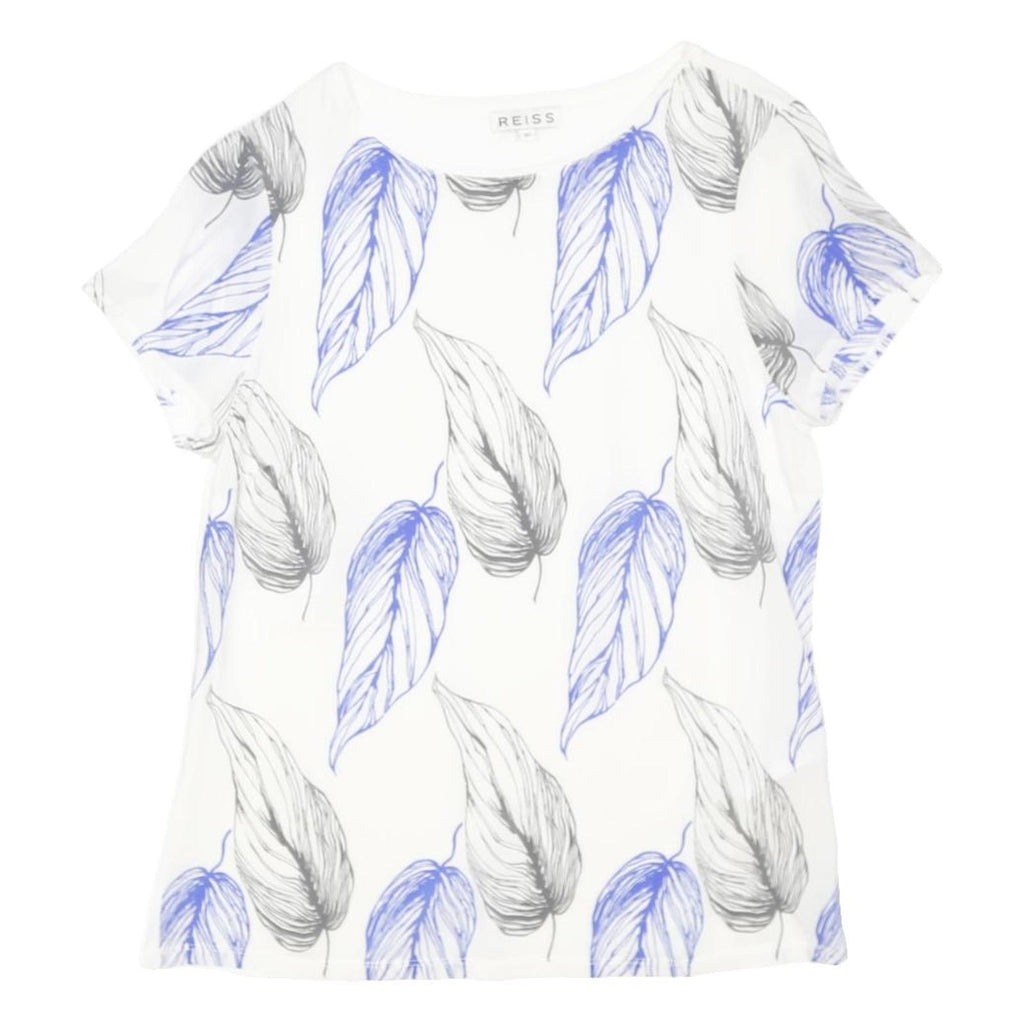 REISS Womens White Blue Leaf Print Silk Top Short Sleeve Round Neck XS