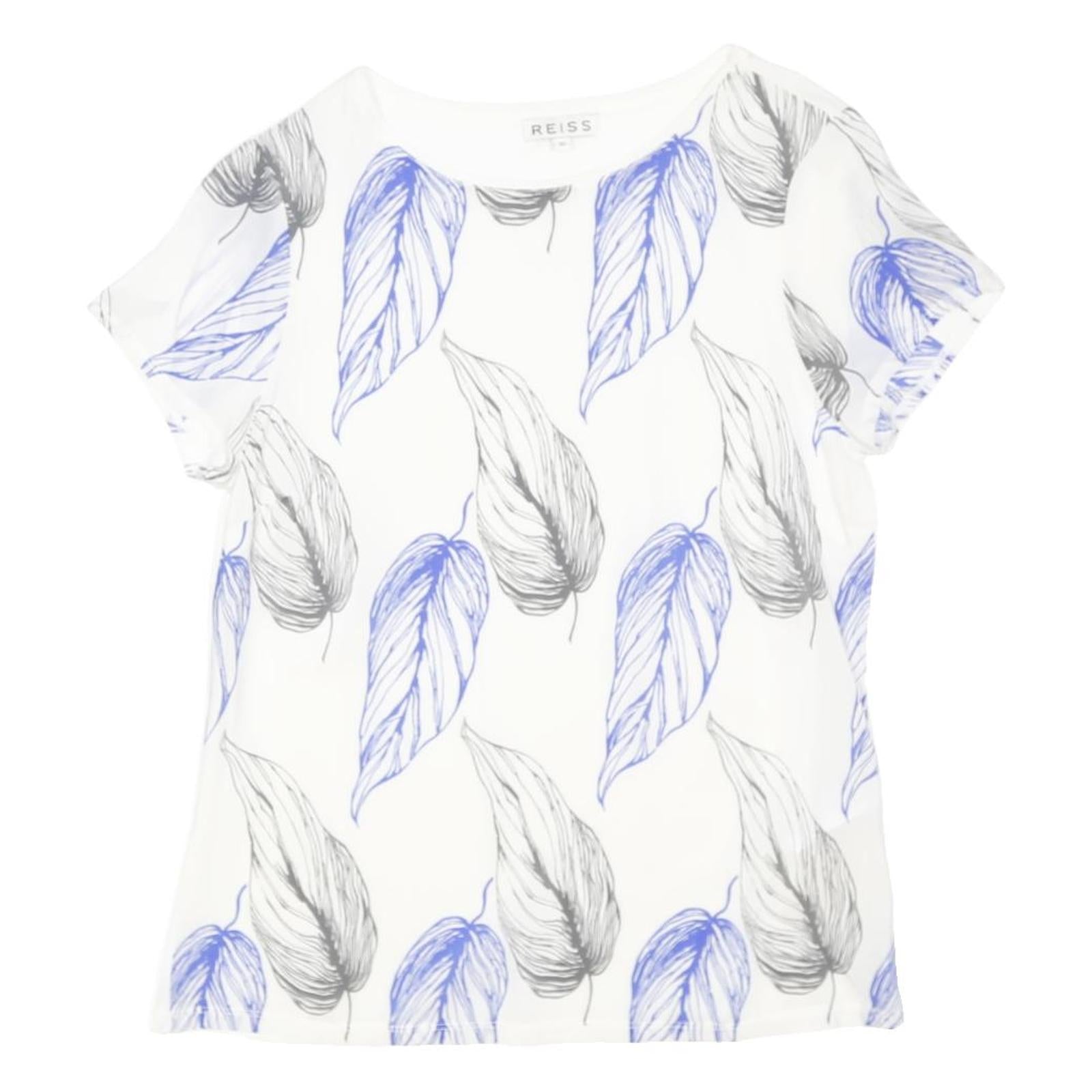 REISS Womens White Blue Leaf Print Silk Top Short Sleeve Round Neck XS