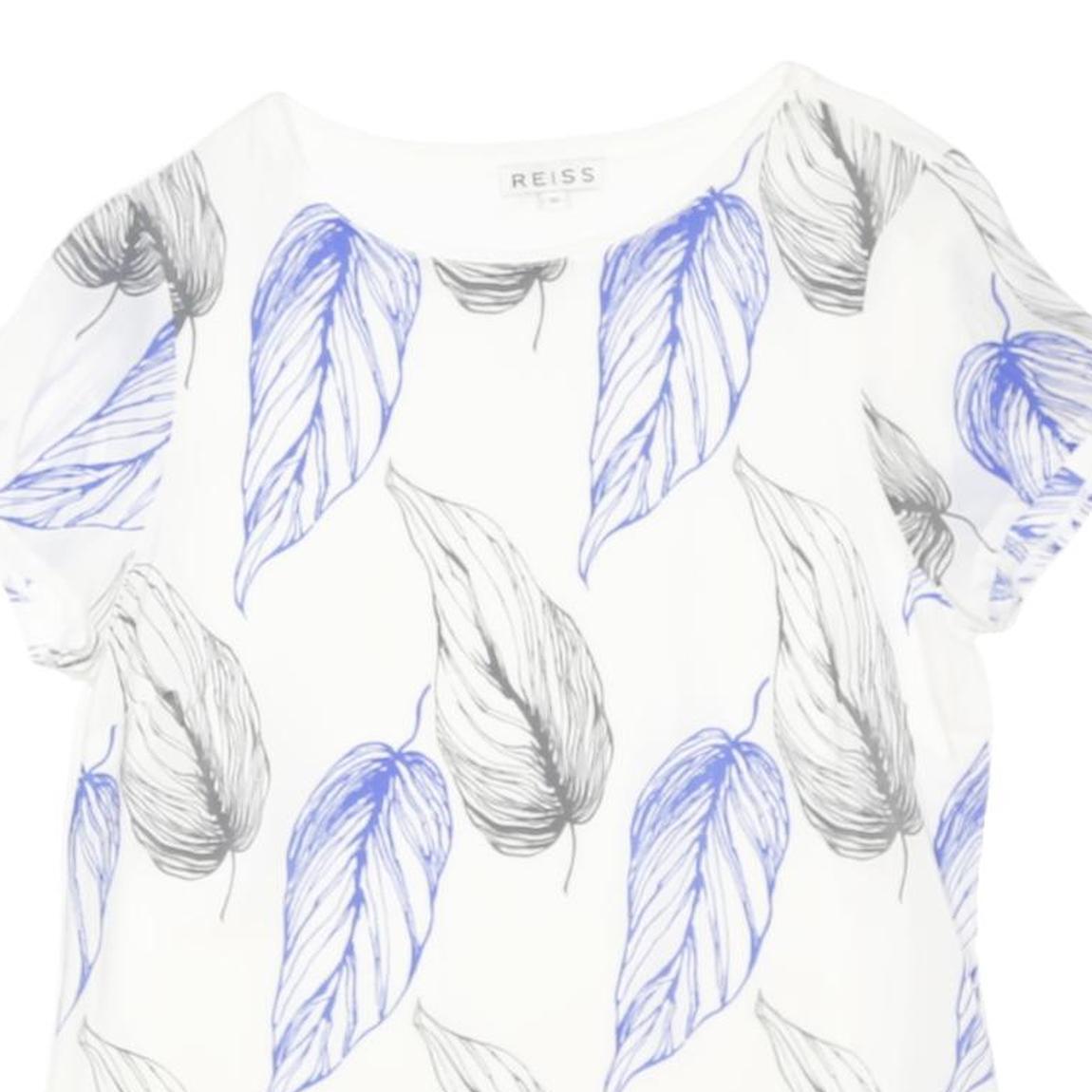 REISS Womens White Blue Leaf Print Silk Top Short Sleeve Round Neck XS