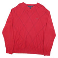 TOMMY HILFIGER Mens Red Patterned V-Neck Jumper Cotton Blend L Classic Knitwear