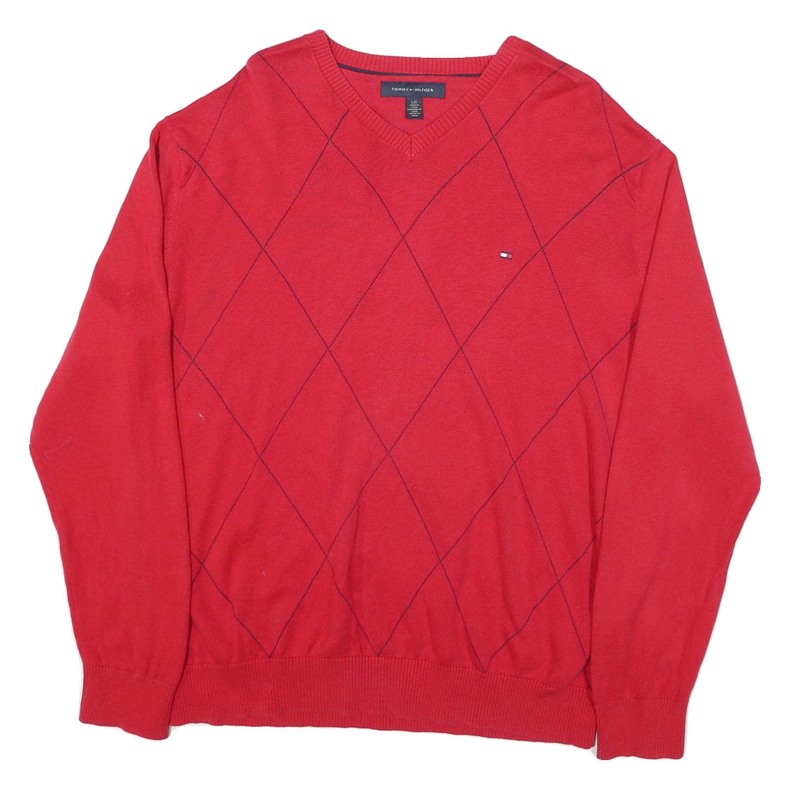 TOMMY HILFIGER Mens Red Patterned V-Neck Jumper Cotton Blend L Classic Knitwear