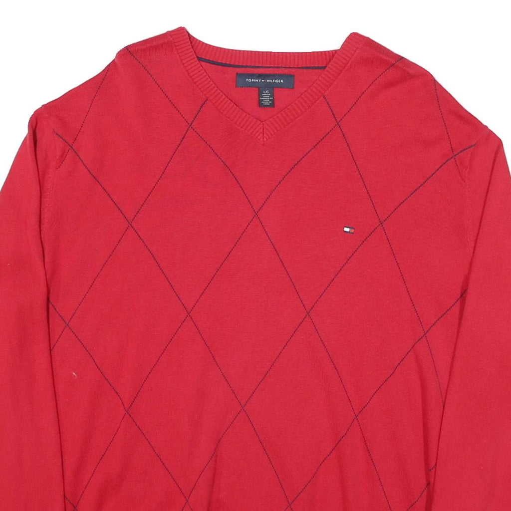 TOMMY HILFIGER Mens Red Patterned V-Neck Jumper Cotton Blend L Classic Knitwear