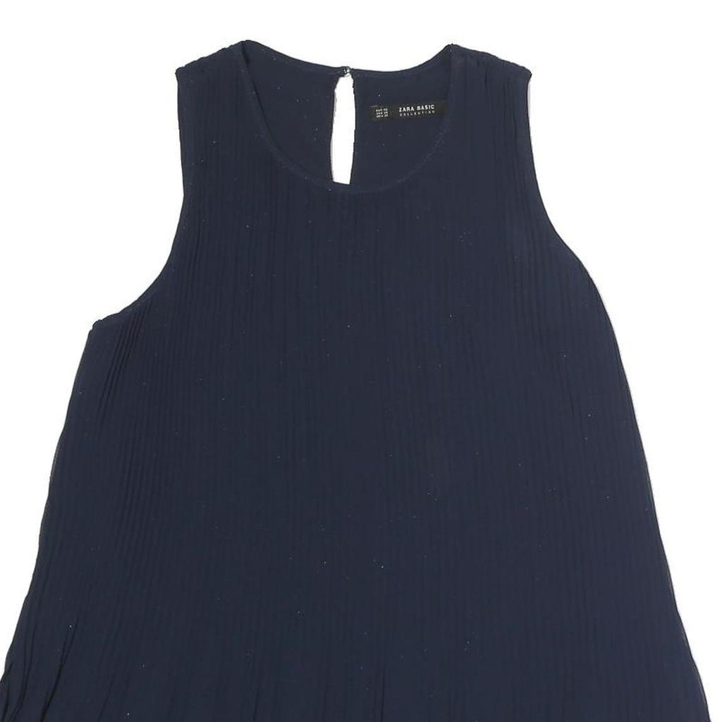 ZARA Womens Blue Sleeveless Round Neck Pleated Top XS Lightweight