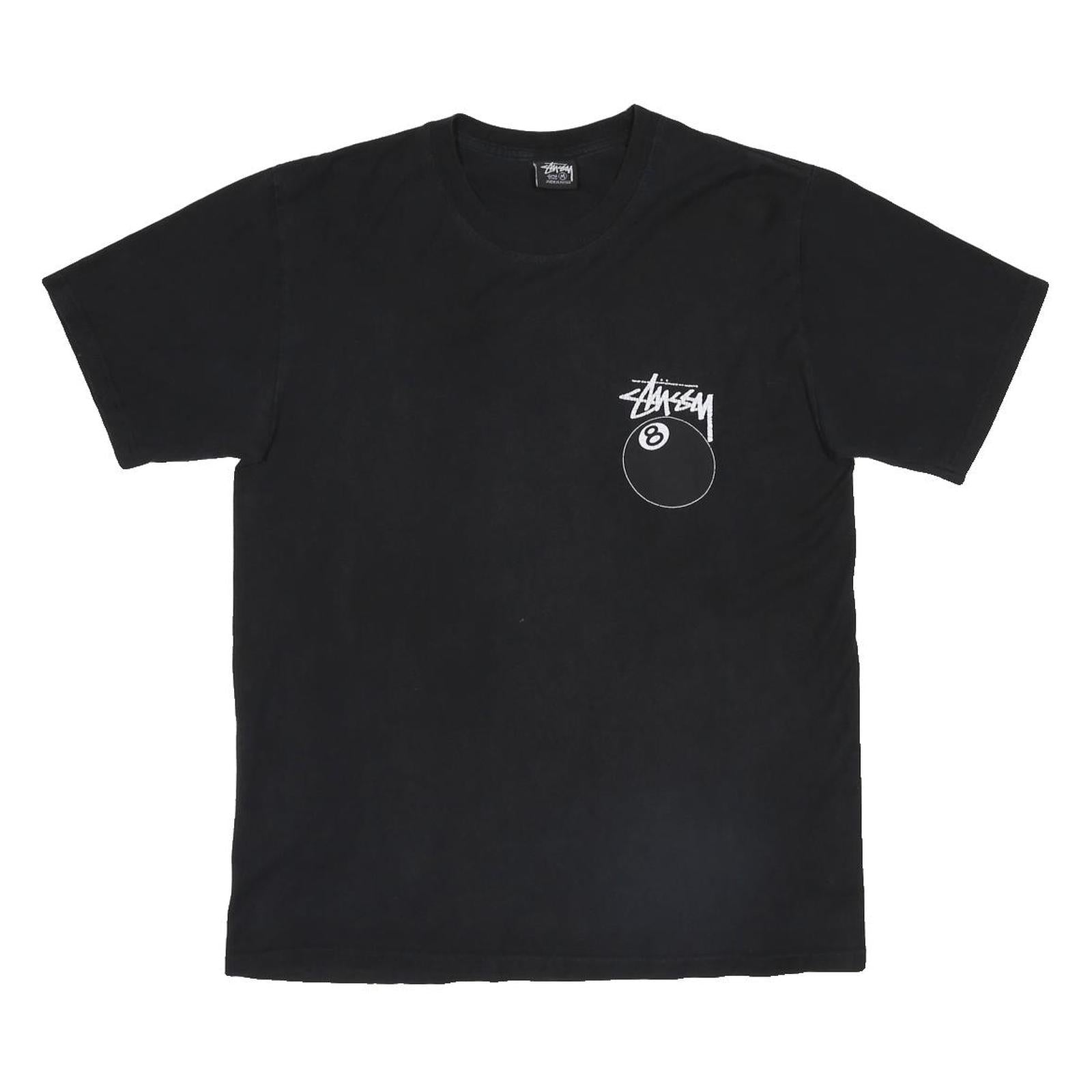STUSSY 8 Ball Mens Black Graphic T-Shirt M Short Sleeve Crew Neck Cotton