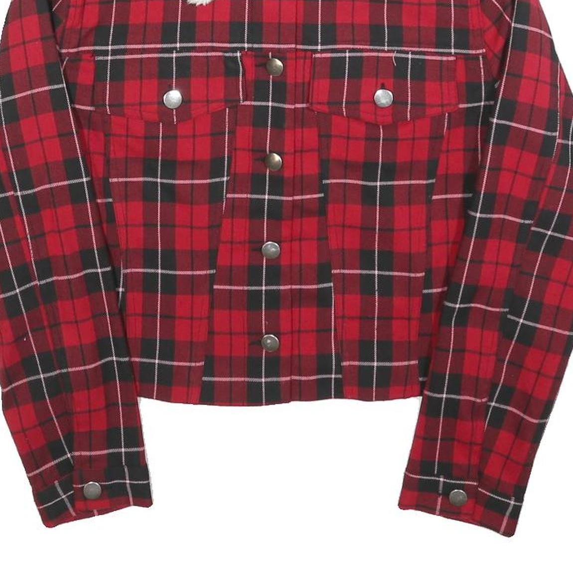 TALLY WEIJL Womens Red Black Check Button Cotton Jacket S Sherpa Collar Stylish