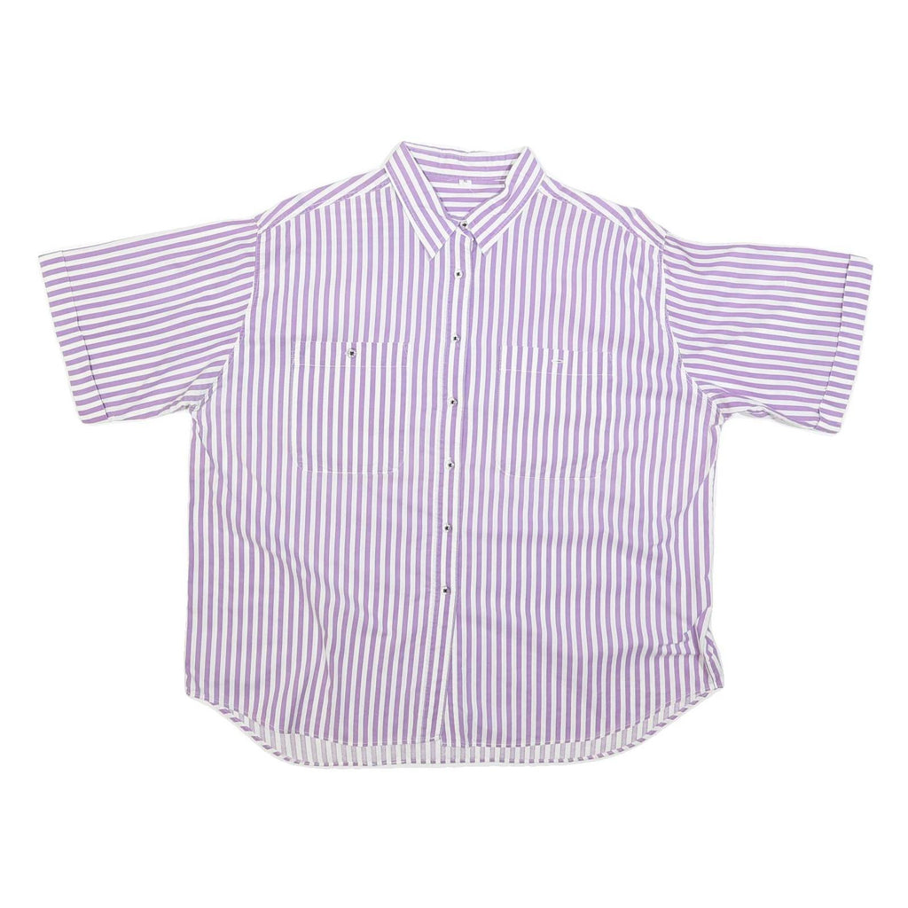 Womens White & Purple Striped Shirt XL Cotton Blend Casual Boxy Fit Short Sleeve