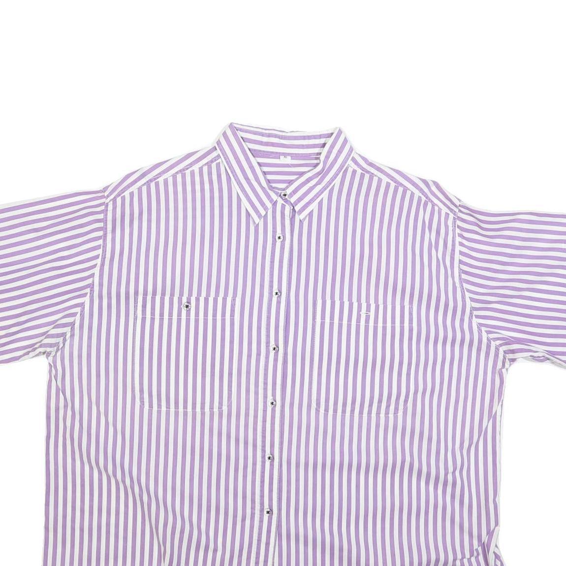 Womens White & Purple Striped Shirt XL Cotton Blend Casual Boxy Fit Short Sleeve