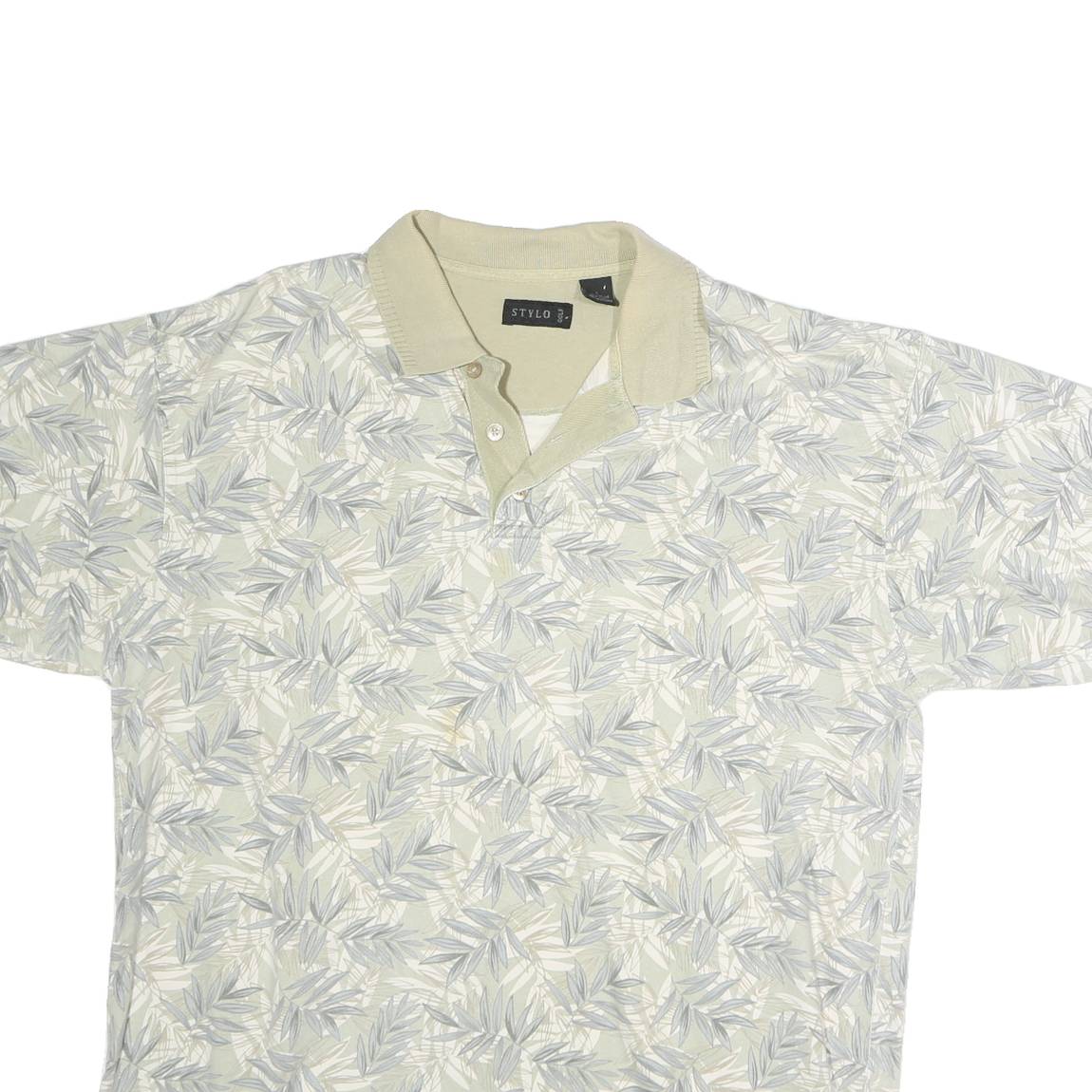 STYLO Mens Cream Leaf Print Short Sleeve Polo Shirt L Cotton Casual Summer