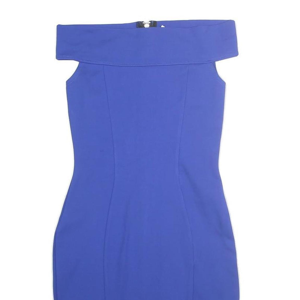 KAREN MILLEN Womens Blue Bodycon Cotton Blend Midi Dress UK 6 Off Shoulder Zip