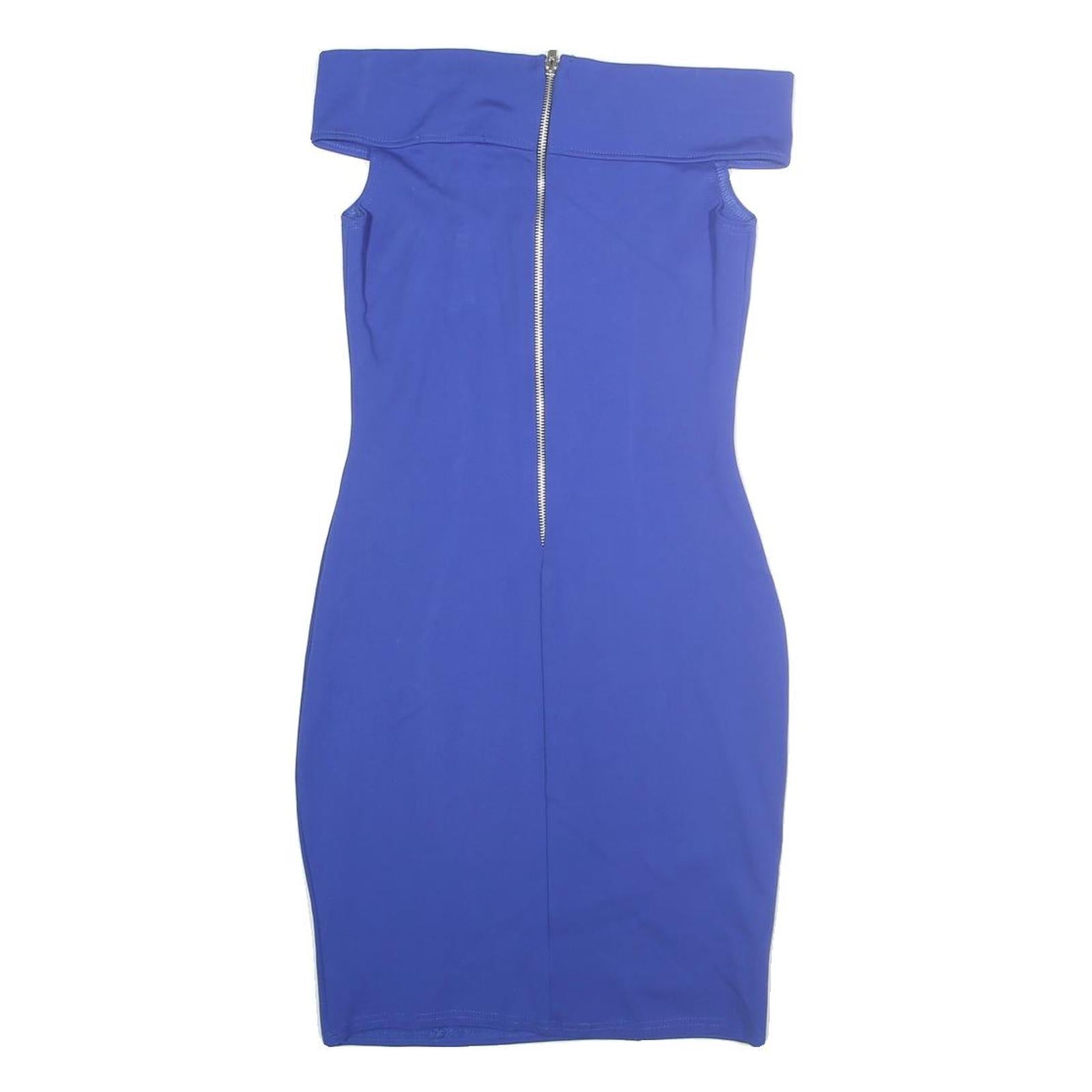 KAREN MILLEN Womens Blue Bodycon Cotton Blend Midi Dress UK 6 Off Shoulder Zip