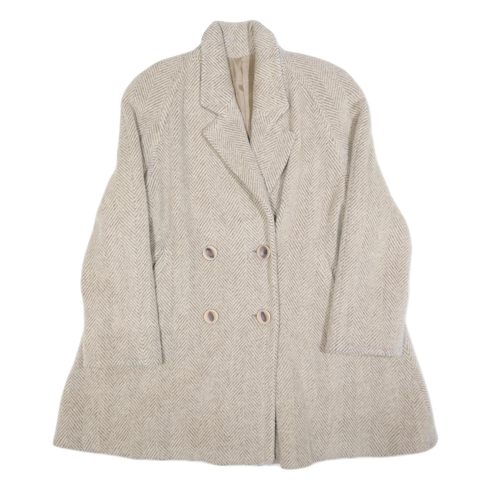 TEAM MODE Womens Beige Wool Blend Double Breasted Jacket M Herringbone Button