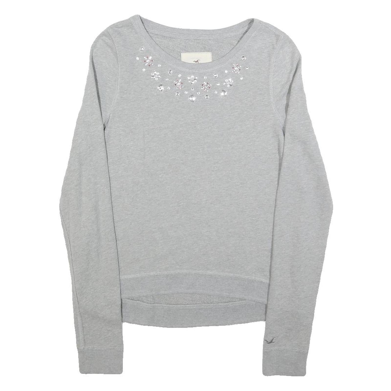 HOLLISTER Womens Grey Pullover Sweatshirt M Beaded Detail Cotton Blend