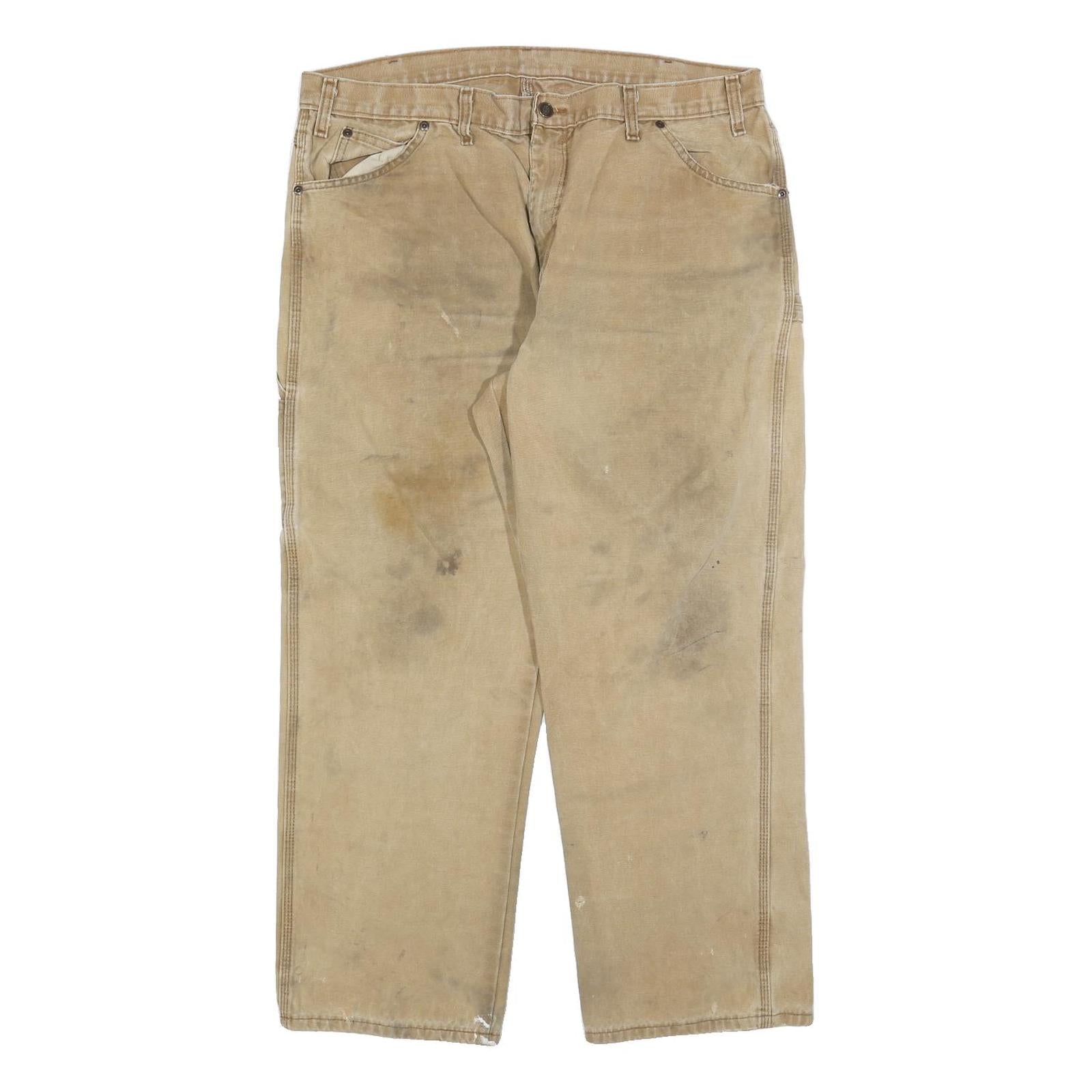 DICKIES Mens Relaxed Beige Cotton Blend Zip Trousers W40 L30 Workwear Casual