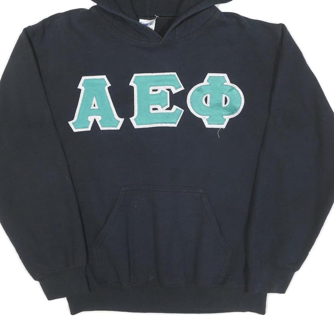 Mens Black Cotton Hoodie Greek Letter Pullover S Embroidered Vintage Style