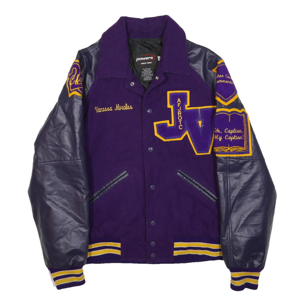 POWERS Mens Purple & Yellow Varsity Letterman Wool Blend Jacket S Leather