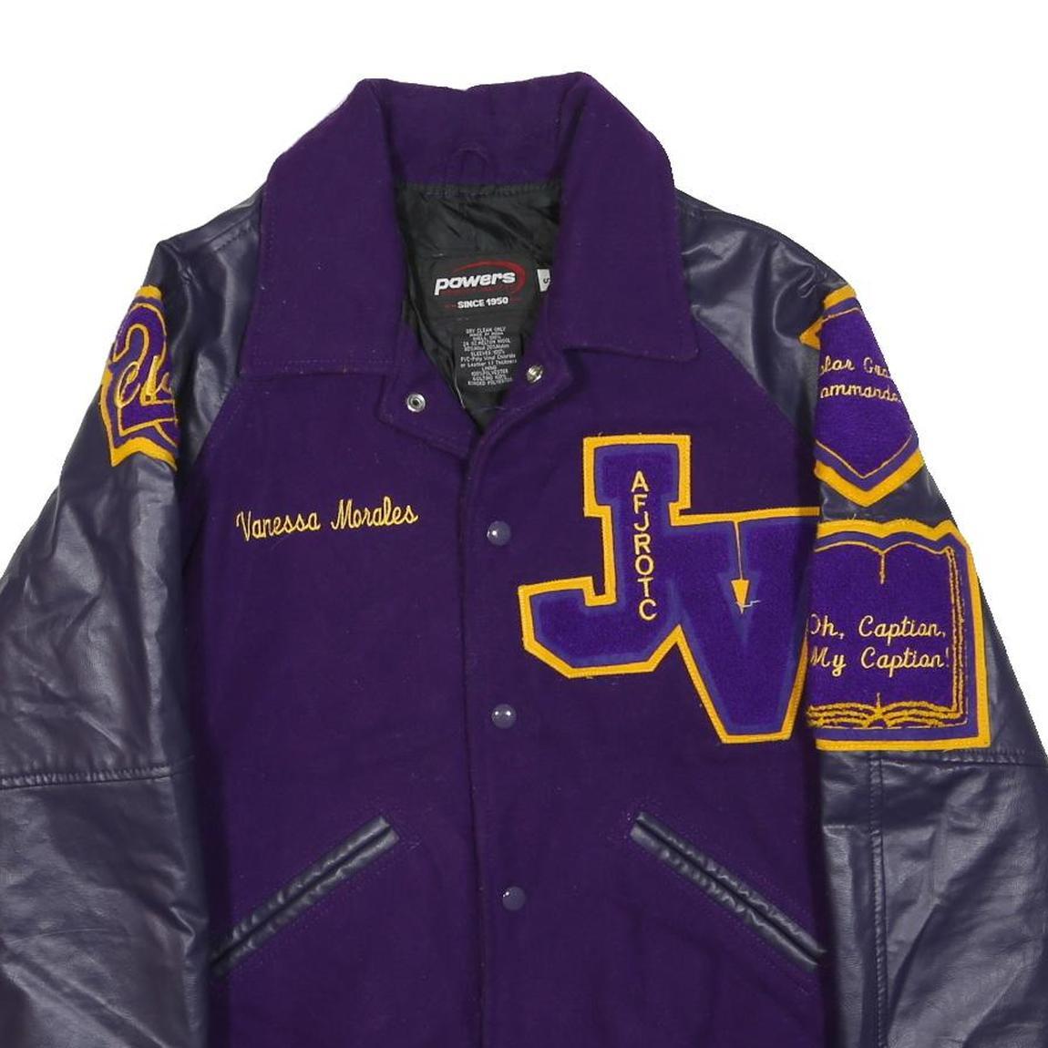 POWERS Mens Purple & Yellow Varsity Letterman Wool Blend Jacket S Leather
