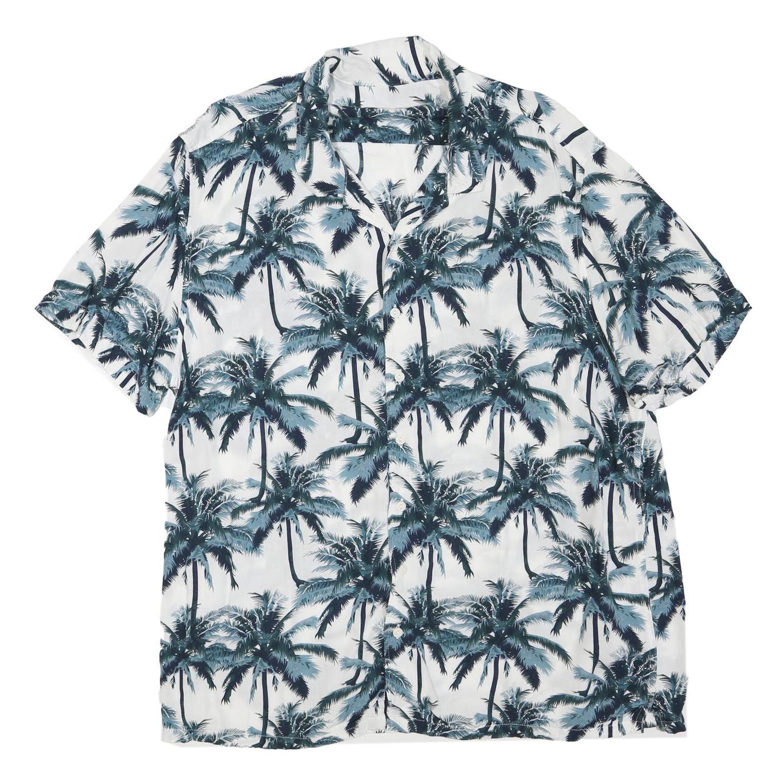 Mens White & Blue Palm Print Cotton Blend Casual Shirt XL Summer Beachwear