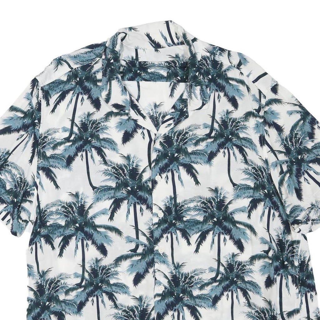 Mens White & Blue Palm Print Cotton Blend Casual Shirt XL Summer Beachwear