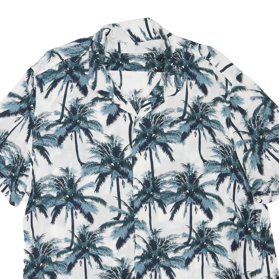 Mens White & Blue Palm Print Cotton Blend Casual Shirt XL Summer Beachwear