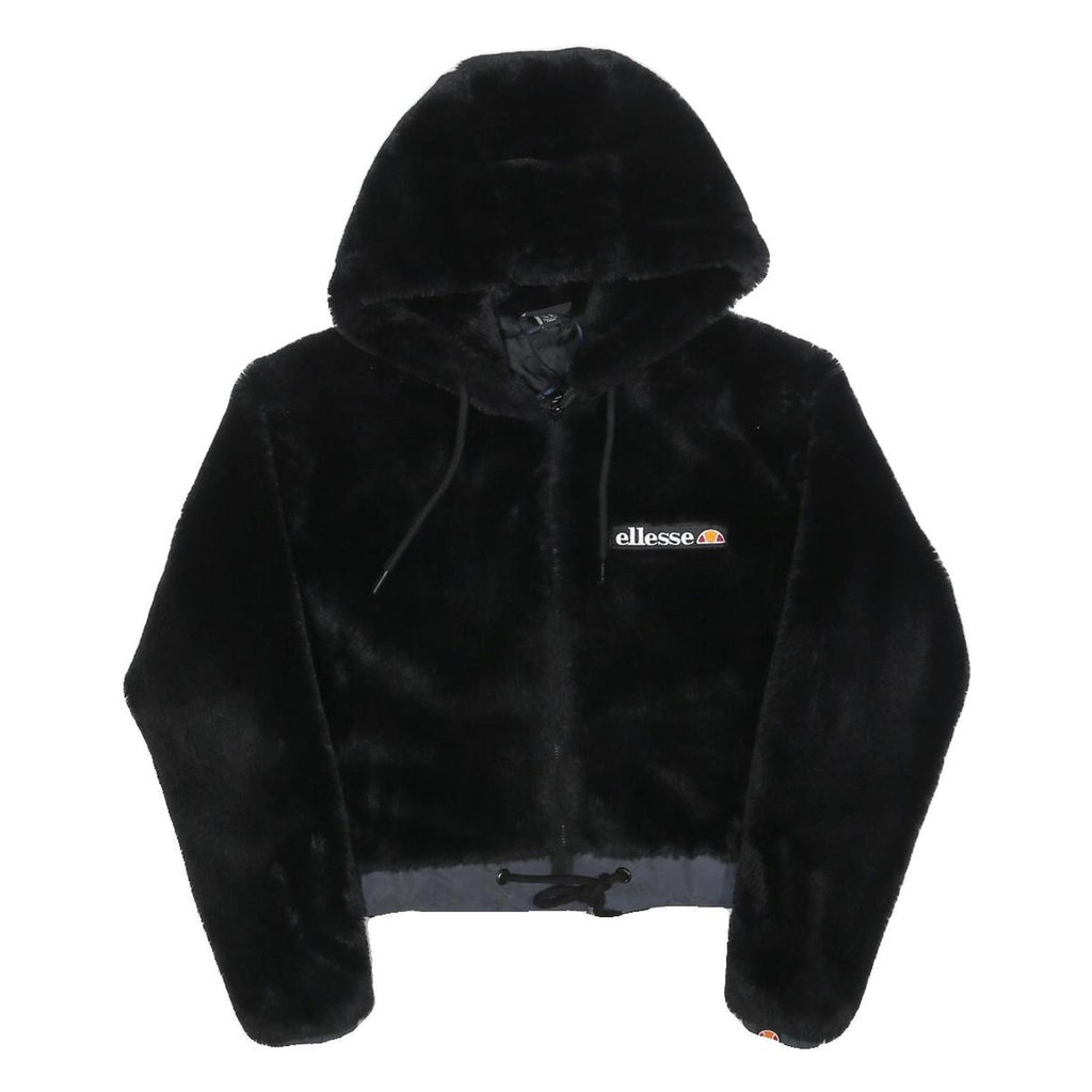 ELLESSE Womens Black Hoodie UK 6 Polyester Blend Faux Fur Full Zip Casual