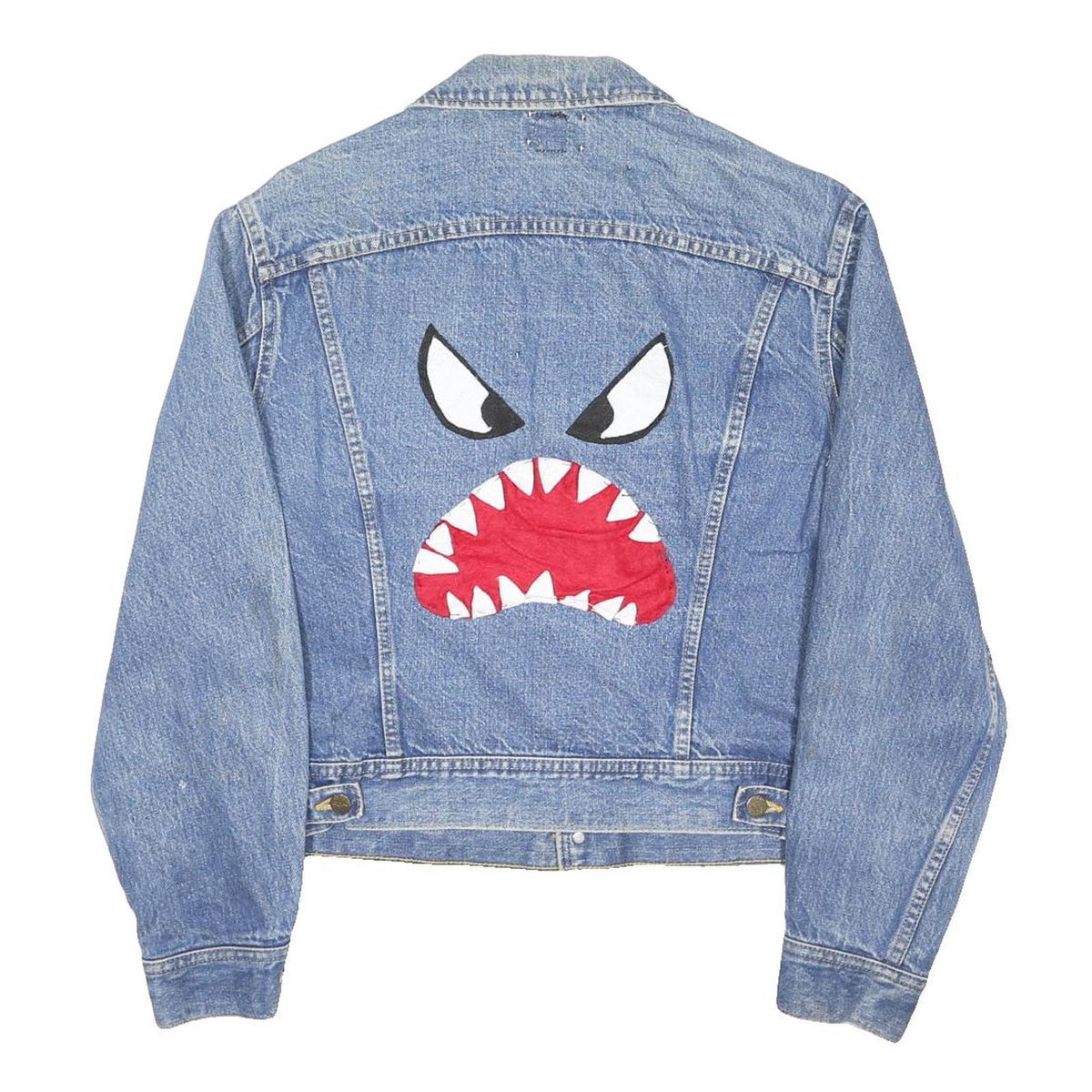 LEE Mens Blue Denim Jacket L Cotton Blend Button Closure Shark Face Print
