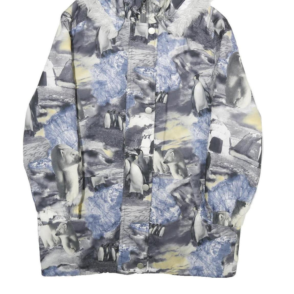 Womens Grey & Blue Arctic Animal Printed Jacket M Polyester Zip Hooded
