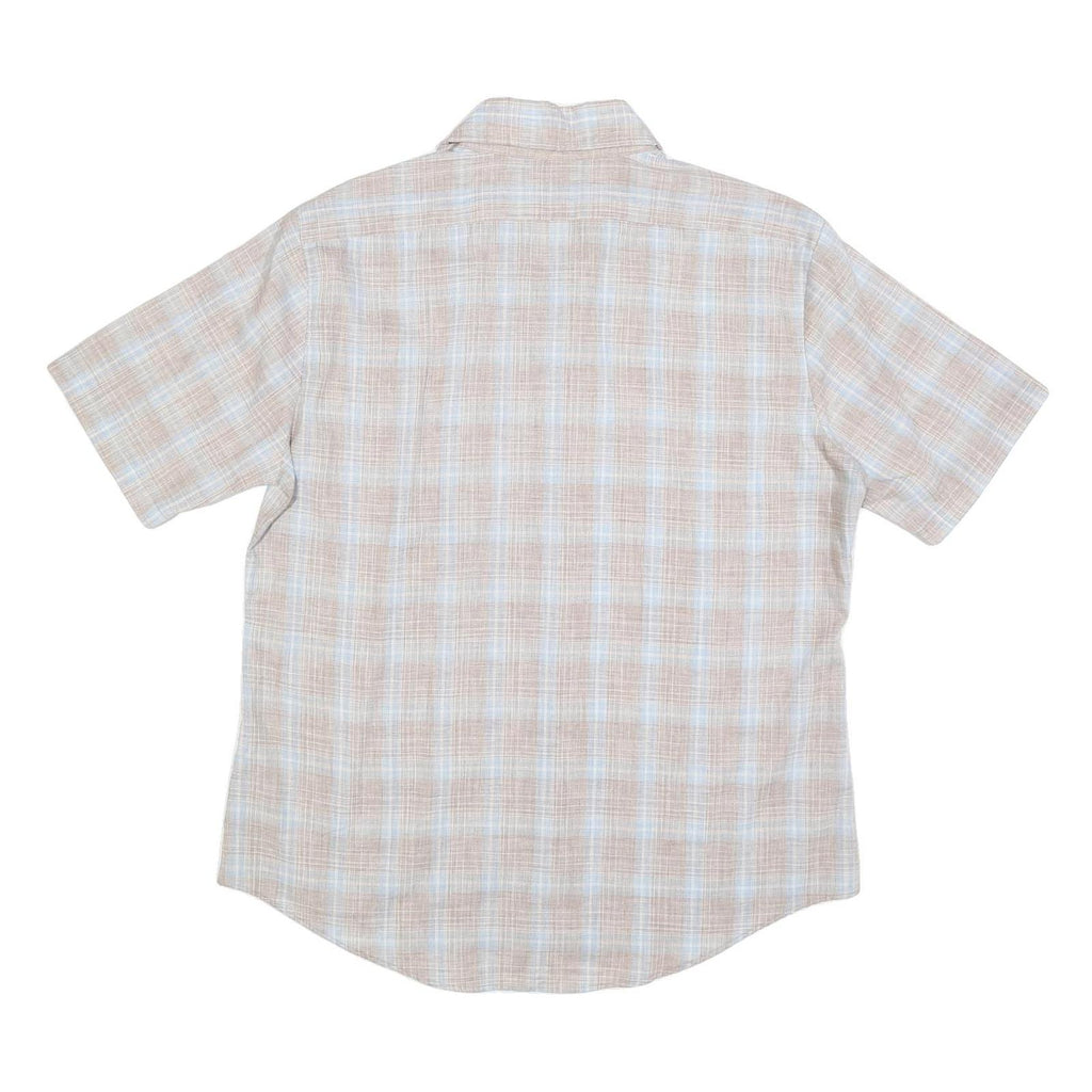 HIS Mens Beige & Blue Checked Shirt XL Cotton Blend Short Sleeve Casual Summer