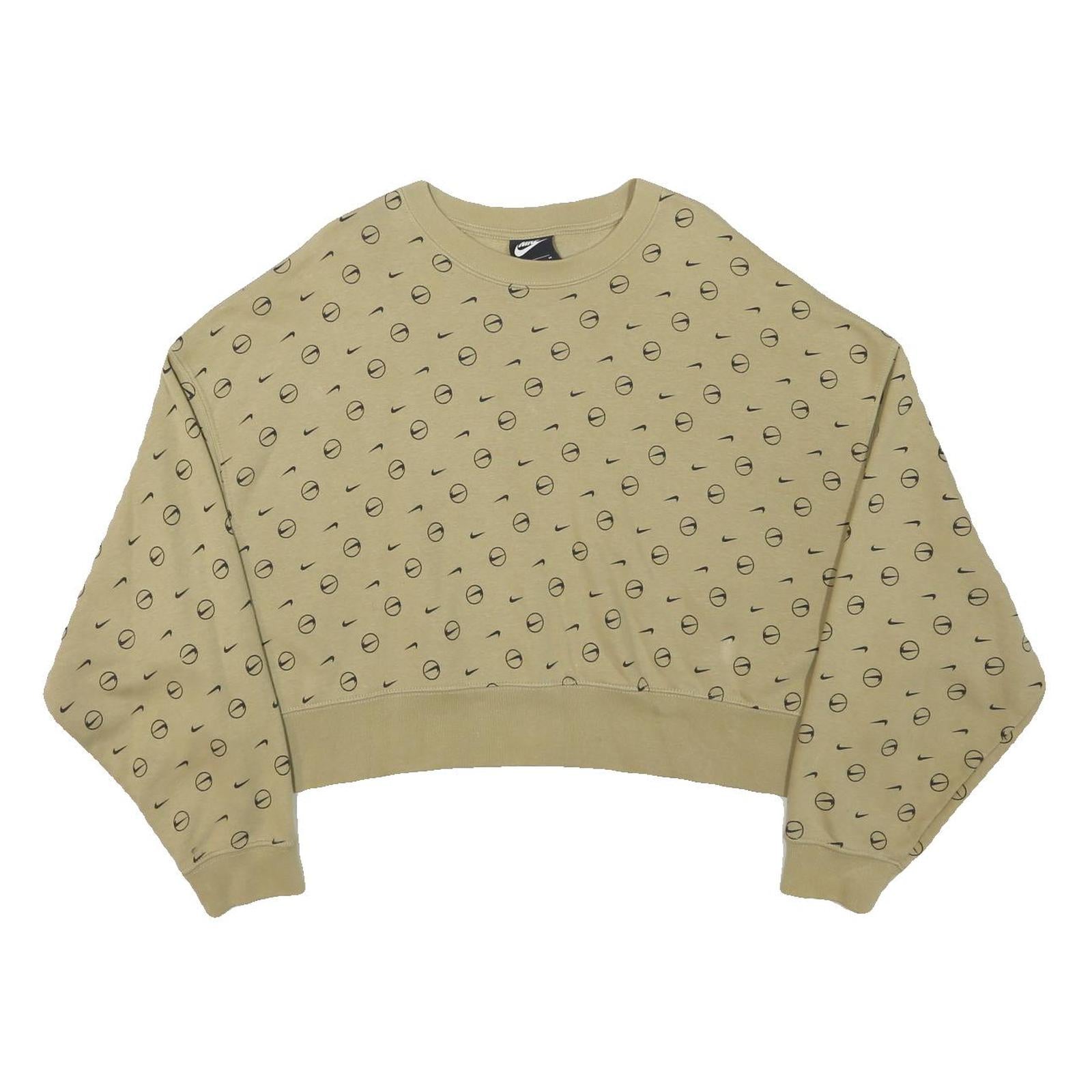 NIKE Womens Beige Cotton Blend Crew Neck M Logo Print Cropped Sweatshirt