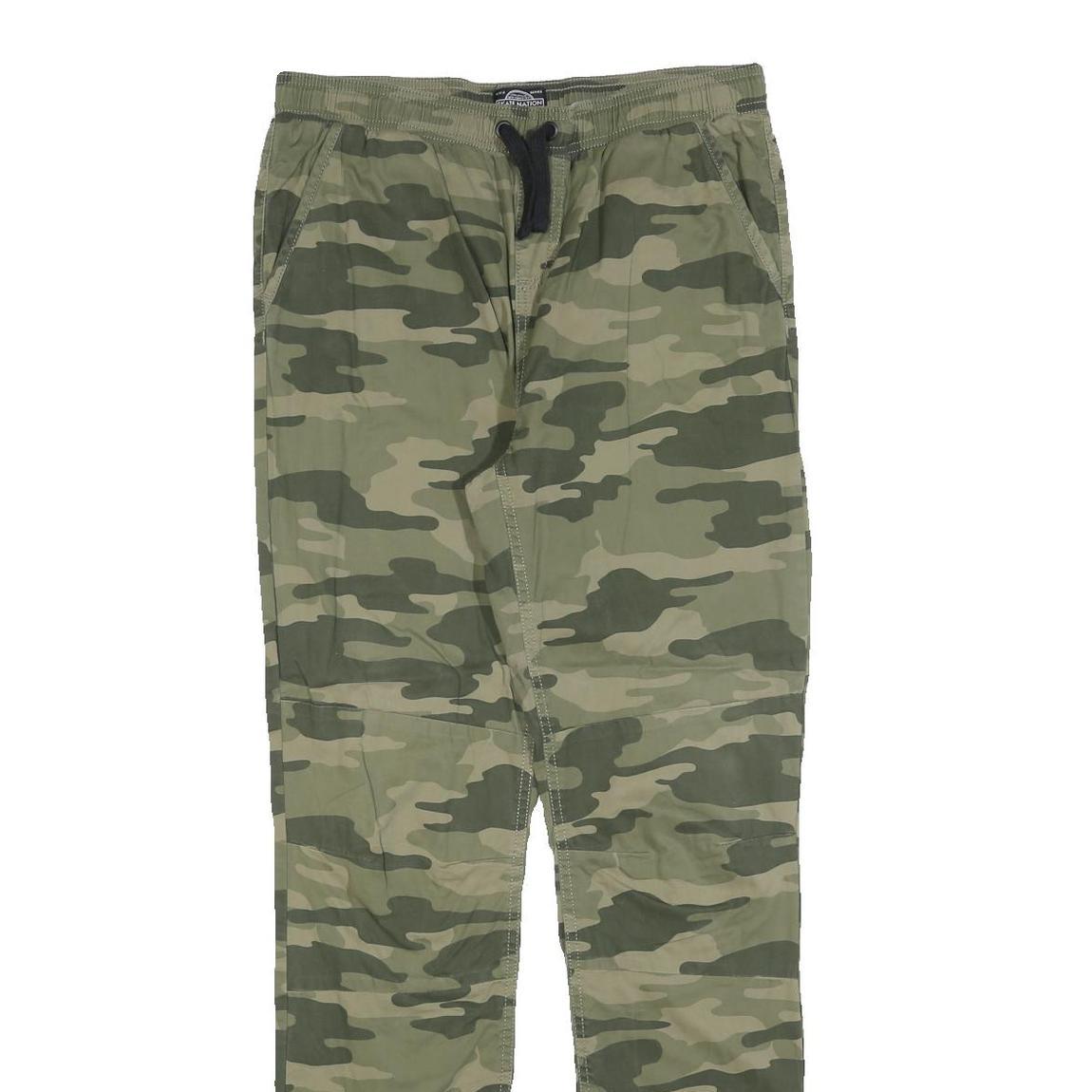 SKATE NATION Mens Cotton Blend Green Camouflage Slim Drawstring Trousers W32 L32