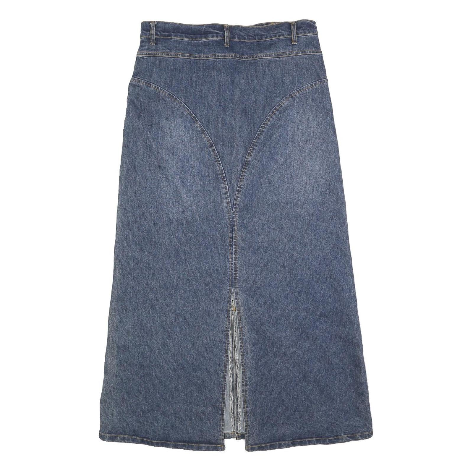 Womens Blue Denim Straight Midi Skirt Cotton Blend Button Closure M Casual