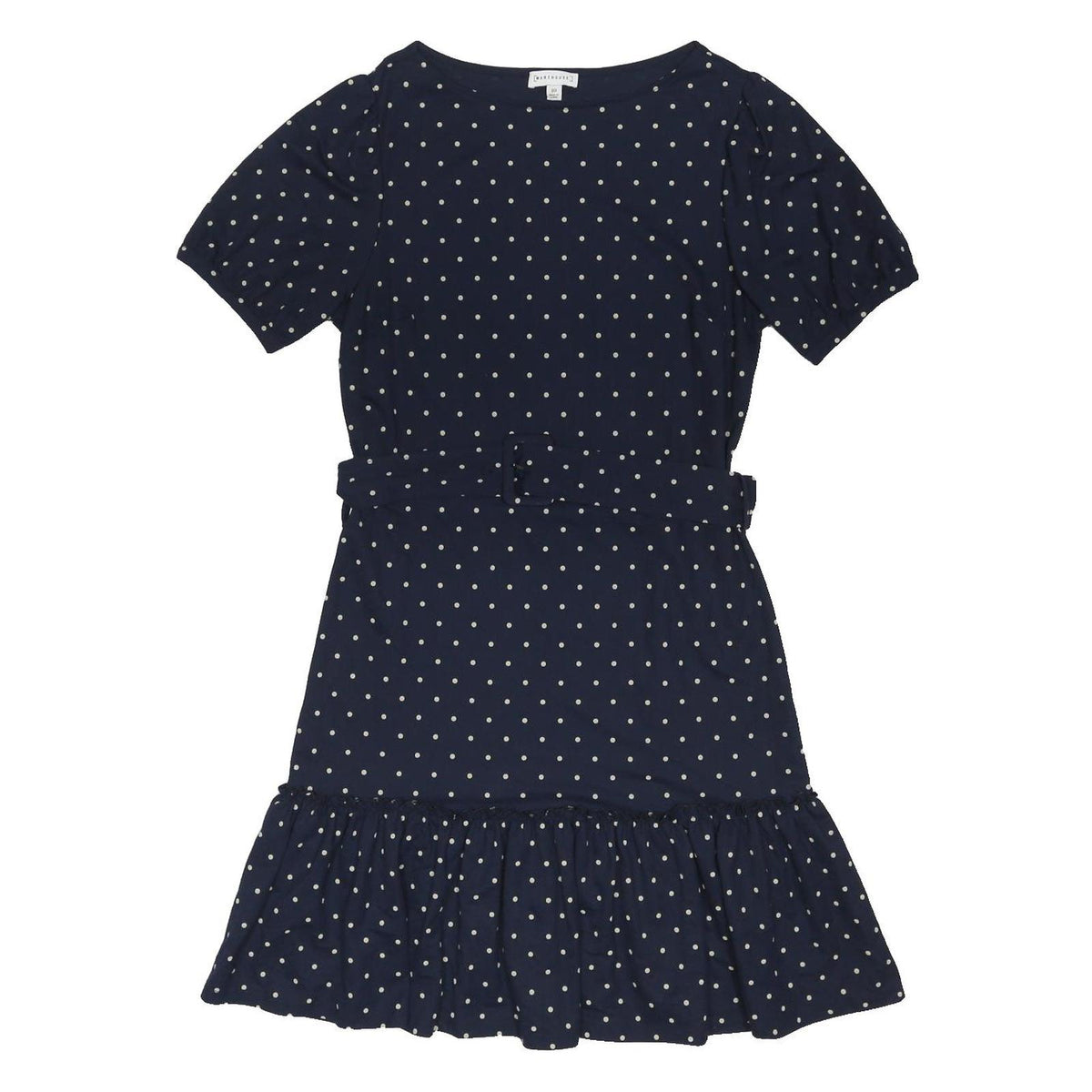 WAREHOUSE Womens Navy Blue & Cream Polka Dot Day Cotton Blend Dress UK 10 Belted