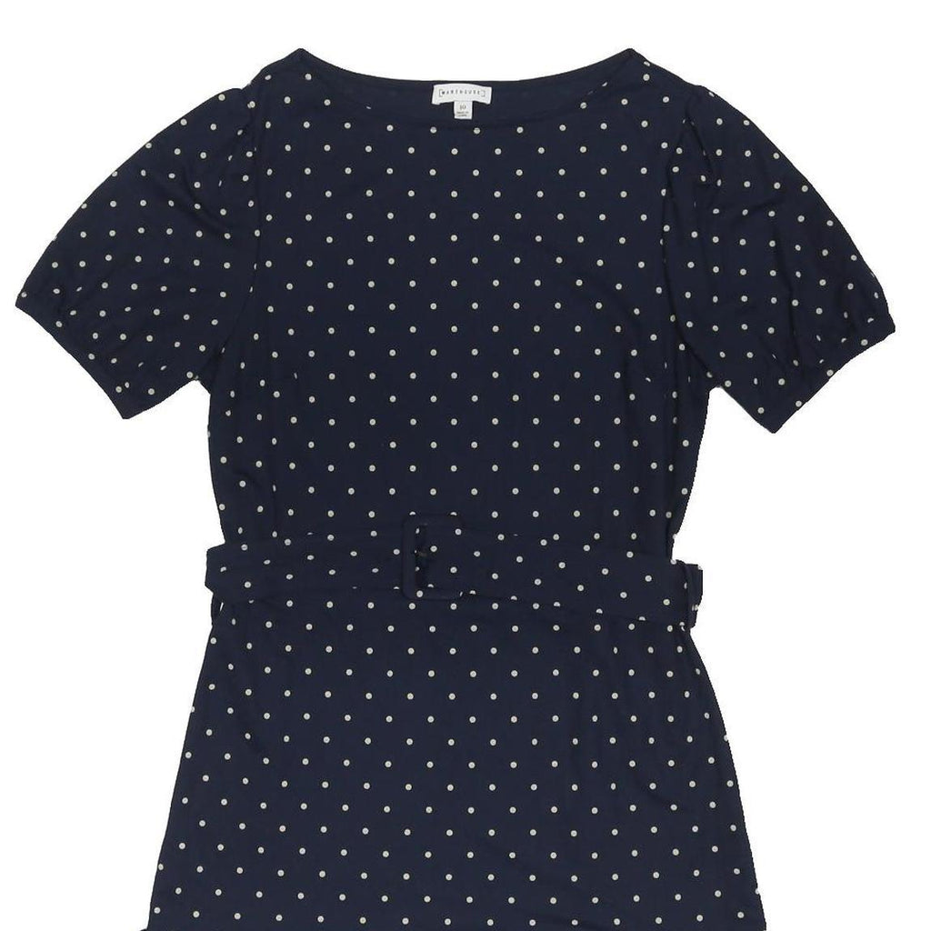 WAREHOUSE Womens Navy Blue & Cream Polka Dot Day Cotton Blend Dress UK 10 Belted