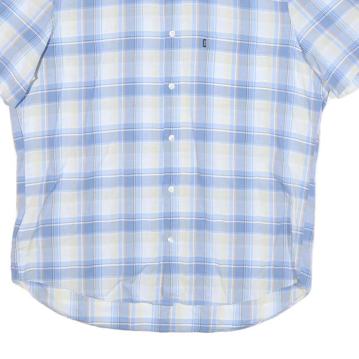 BOSS Mens Blue & Cream Check Shirt L Button Down Collar Casual Cotton Blend