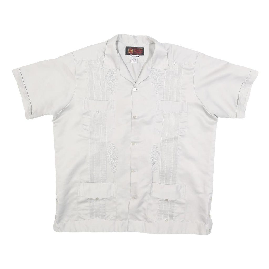 COPACABANA Mens White Polyester Short Sleeve Shirt XL Button Front Embroidered