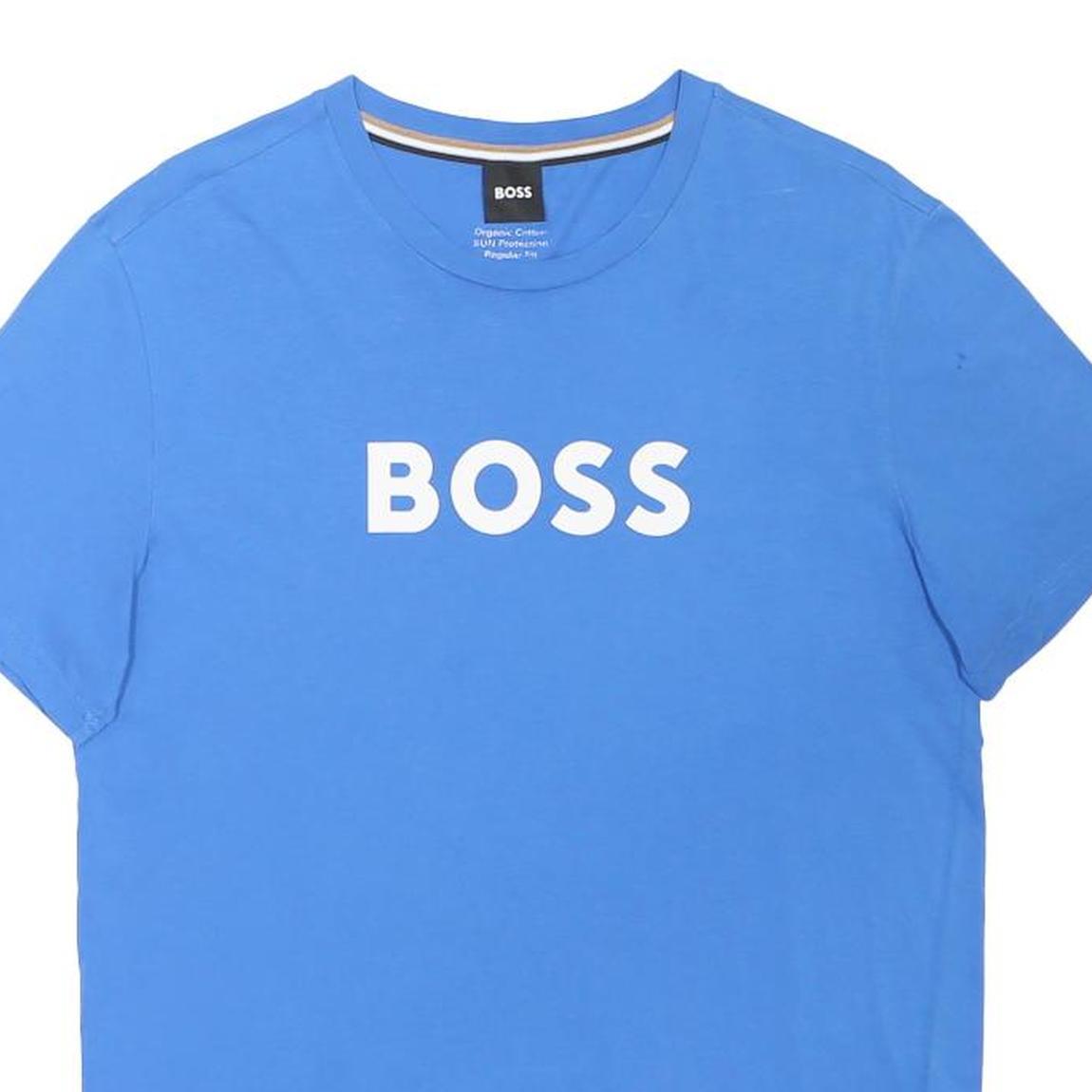 BOSS Mens Blue Slogan T-Shirt S Short Sleeve Crew Neck Cotton Blend Casual