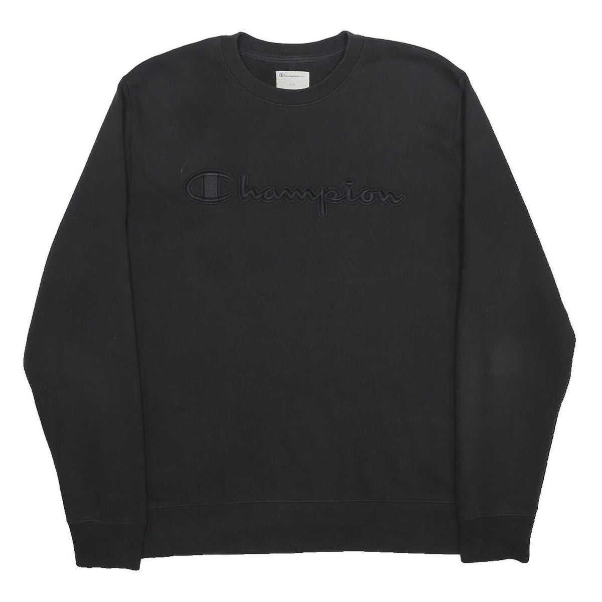 CHAMPION Mens Black Crew Neck L Sweatshirt Cotton Blend Pullover Logo