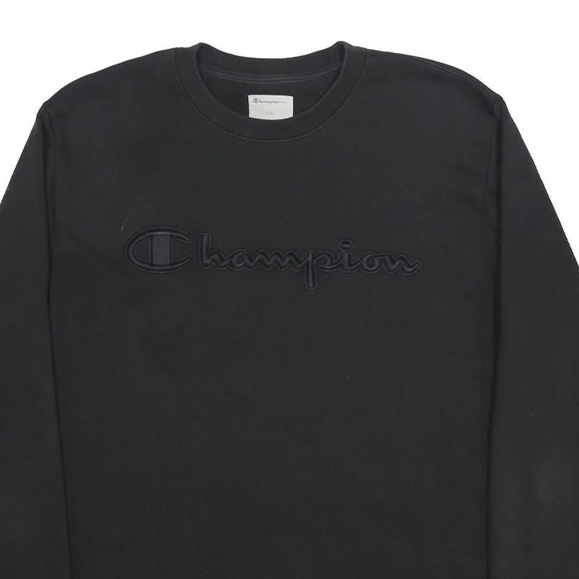 CHAMPION Mens Black Crew Neck L Sweatshirt Cotton Blend Pullover Logo