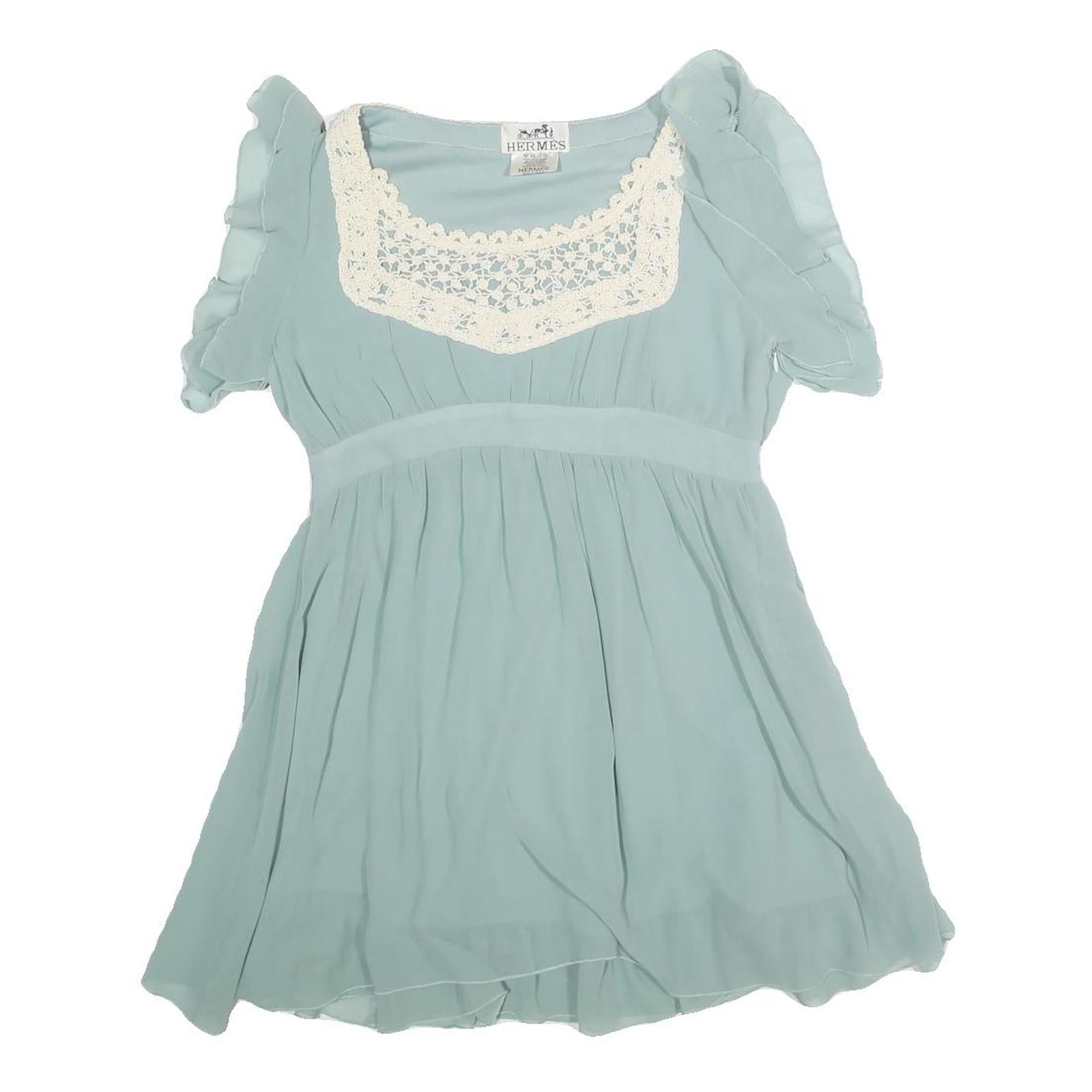 HERMES Womens Light Blue Silk Day Dress Lace Trim Short Sleeve M Elegant